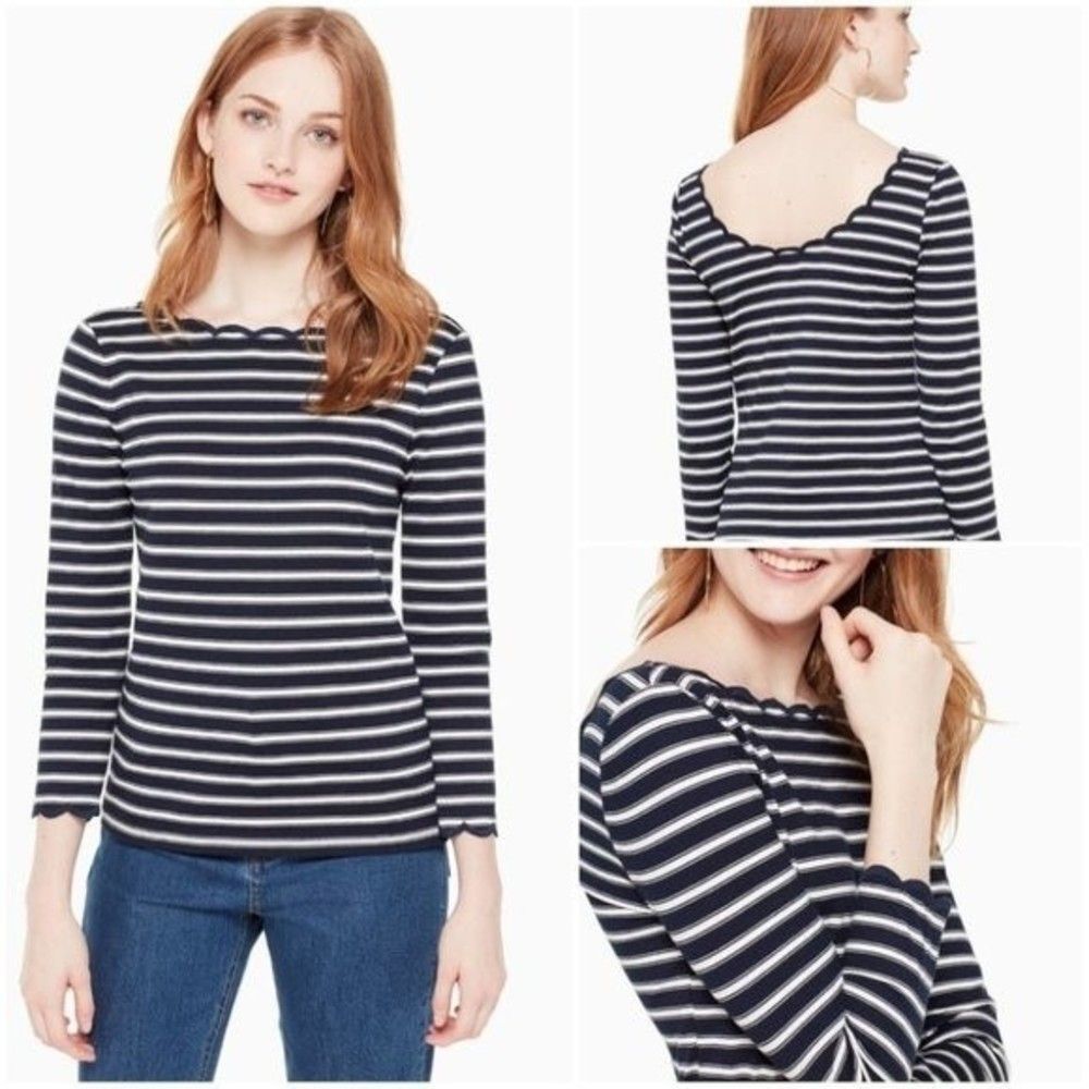 Kate Spade Striped Scallop Knit Top Medium